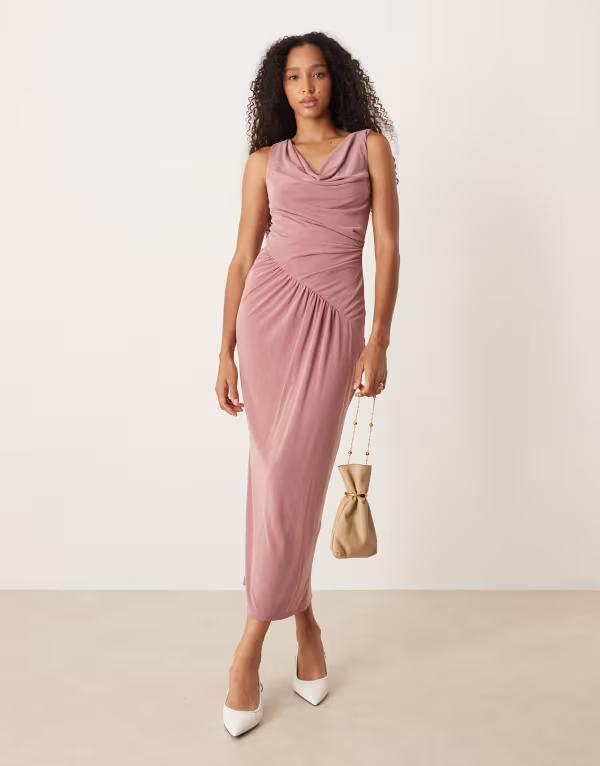 エイソス レディース トップス 衣装 非対称 midi衣装 ギャザー midi ASOS DESIGN asymmetric cowl neck ruched MIDI dress Dusky Rose サクラ色