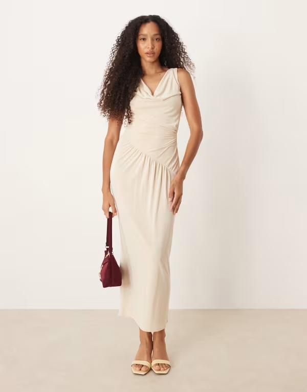エイソス レディース トップス ワンピース アシンメトリー ミディワンピース ギャザー ミディ ASOS DESIGN asymmetric cowl neck ruched midi dress in cream CREAM クリーム