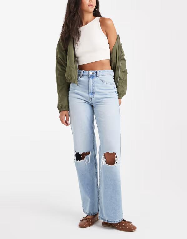 エイソス レディース ボトムス ジーンズズボン下 ワイドレッグ デニム ASOS DESIGN wide leg dad jeans インチ lightwash with knee rips Light Wash With Rips