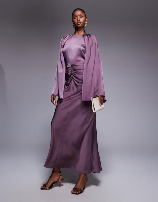 エイソス レディース トップス 衣装 マキシ衣装 ギャザー 繻子 スコート マキシ ASOS DESIGN satin long sleeve maxi dress with central ruched skirt インチ grape Grape 葡萄
