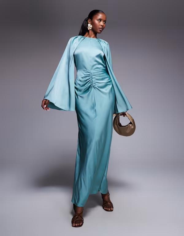 エイソス レディース トップス 衣装 マキシ衣装 ギャザー 繻子 スコート マキシ ASOS DESIGN satin long sleeve maxi dress with central ruched skirt インチ pale Blue 青み