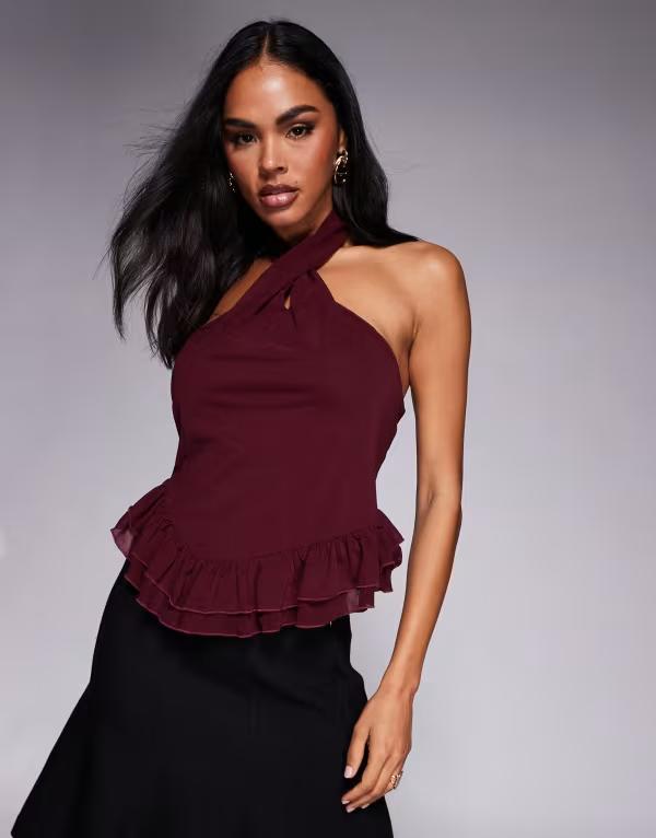 エイソス レディース トップス タンクトップ フリル ホルター ASOS DESIGN twisted halter neck ruffle top Tawny バーガンディ 8,840円