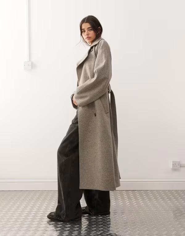 ウィークデイ レディース アウター コート ウール Weekday Kia wool blend oversized coat with tie waist detail in mole melange Mole melange