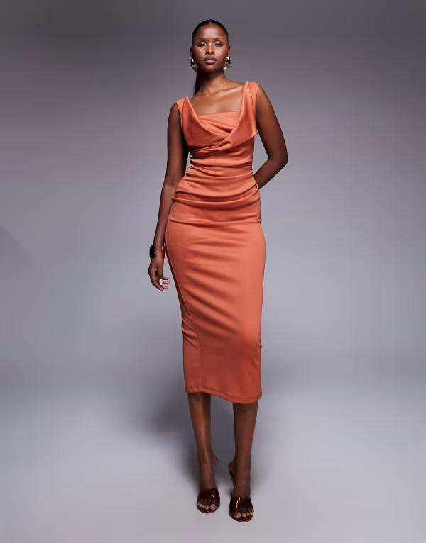 エイソス レディース トップス ワンピース プリーツ ミディ ASOS DESIGN square neck pleated bust midi pencil dress in rustラスト｜ReVida 店