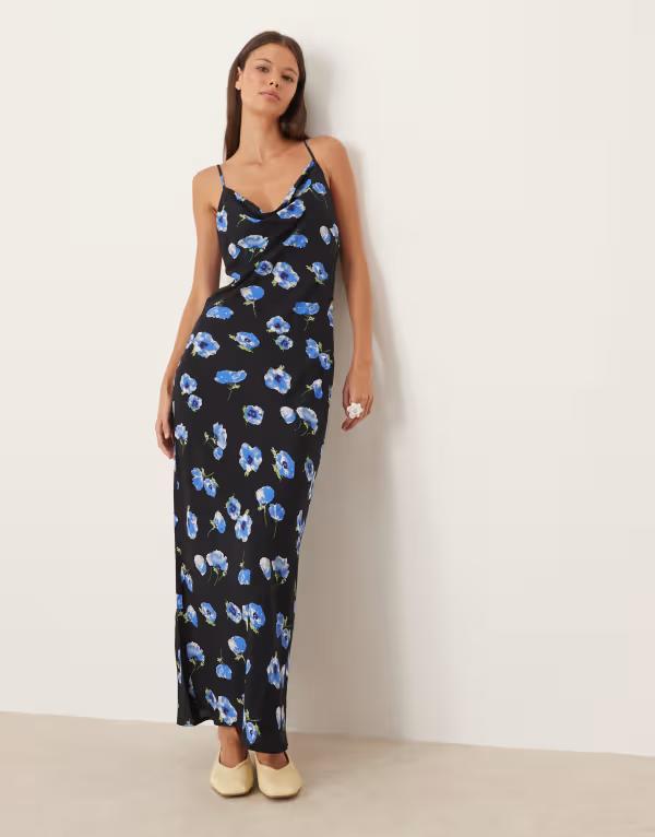 マンゴ レディース トップス ワンピース マキシワンピース フラワー柄 プリント マキシ フラワー Mango cowl neck maxi dress in floral print Black ブラック