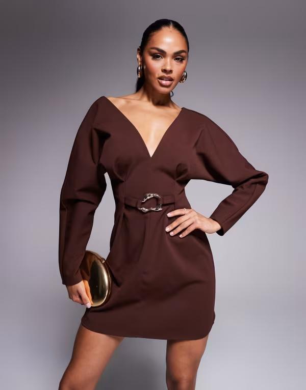 エイソス レディース トップス ワンピース ミニワンピース ミニ ASOS DESIGN cocoon sleeve mini dress with hardware in chocolate Chocolate チョコレート