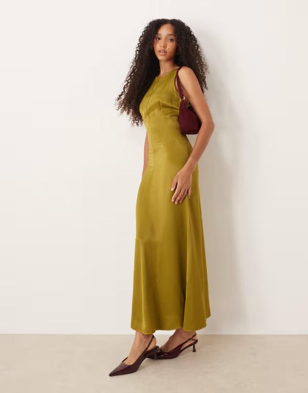 エイソス レディース トップス ワンピース マキシワンピース サテン マキシ ASOS DESIGN racer neck satin maxi dress in olive Deep olive オリーブ｜ReVida 店