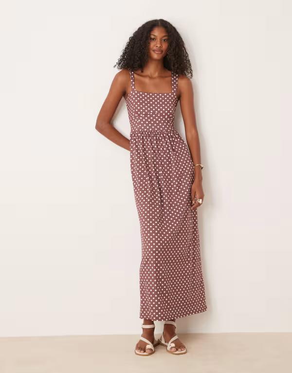 エイソス レディース トップス ワンピース ドット柄 ミディワンピース ドット ミディ ASOS DESIGN square neck midi dress polka dot BROWN POLKA ブラウン