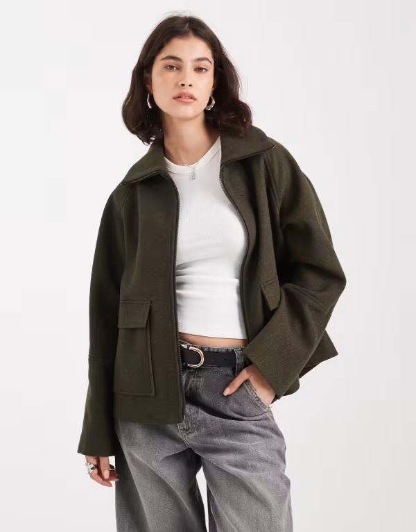 エイソス レディース アウター コート スタンドネック ジャケット ASOS DESIGN funnel neck pocket detail jacket khaki カーキ