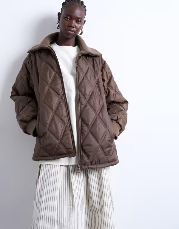 トップショップ レディース アウター ジャケット・ブルゾン リブ ジャケット Topshop spread ribbed collar liner jacket in chocolate Choc チョコレート