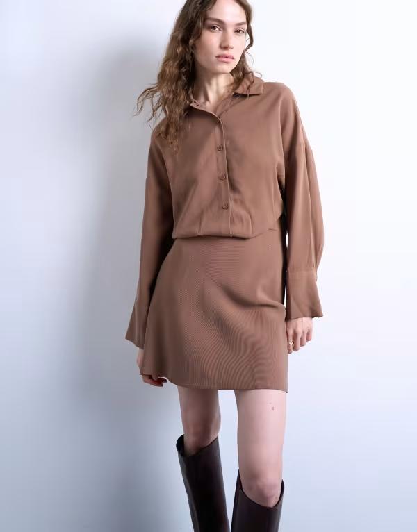 トップショップ レディース トップス ワンピース シャツワンピース ミニ シャツ Topshop waisted micro mini shirt dress cupro BROWN ブラウン