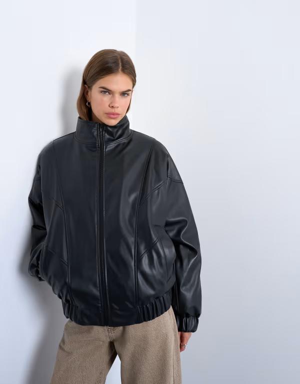 とっ始め販売店 レディース アウター 上衣・上衣 なめし革 フェイクレザー 上衣 Topshop faux leather padded seam detail bomber jacket black 黒いこと