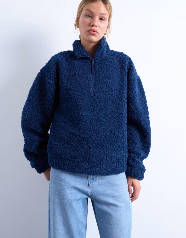いの一番販売店 レディース アウター パーカー・スウェット ハーフジップ Topshop borg quarter zip top NAVY 米国海軍