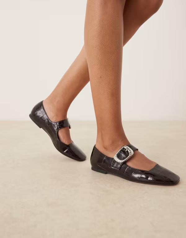 エイソス レディース シューズ パンプス ASOS DESIGN Linton square toe mary jane ballet flats croc Brown croc ブラウン