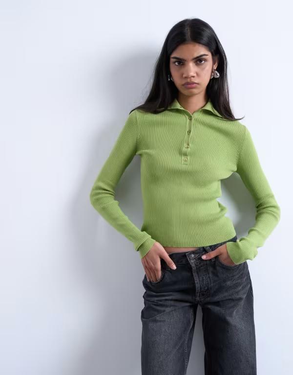トップショップ レディース トップス ポロシャツ リブ ニット Topshop knit ribbed collar polo Green グリーン｜ReVida 店
