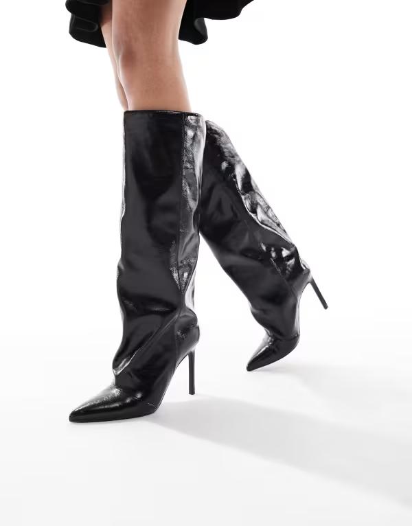 ロンドンレベル レディース シューズ ブーツ・レインブーツ ヒール London Rebel Stella slouchy kitten heel knee boots Black crinkle pu ブラック｜ReVida 店