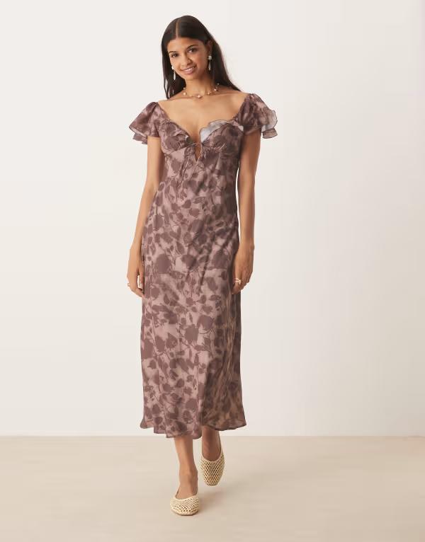 キスザスカイ レディース トップス 衣装 Kiss The Sky frilly midaxi dress with flutter sleeves インチ espresso BROWN 赤銅色