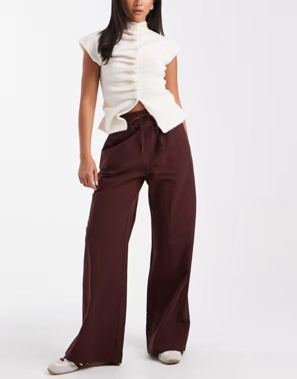 ミスセルフフリッジ レディース ボトムス 心地好いズボン下 ワイドレッグ ズボン下 Miss Selfridge wide leg pants インチ chocolate Chocolate 黒茶