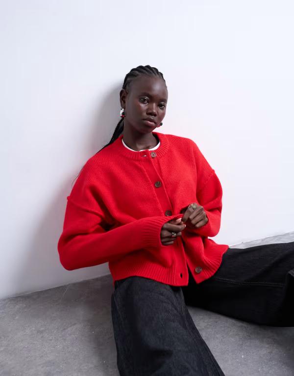 トップショップ レディース アウター カーディガン ニット Topshop knit exposed seams relaxed cardigan Red レッド