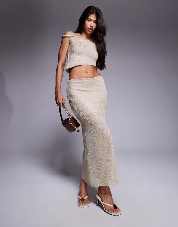 エイソス レディース ボトムス スコート 編み物 マキシ ASOS DESIGN maxi skirt sparkle knit - part of a set Gold ゴールド レディースファッション-スカート-ボトムス