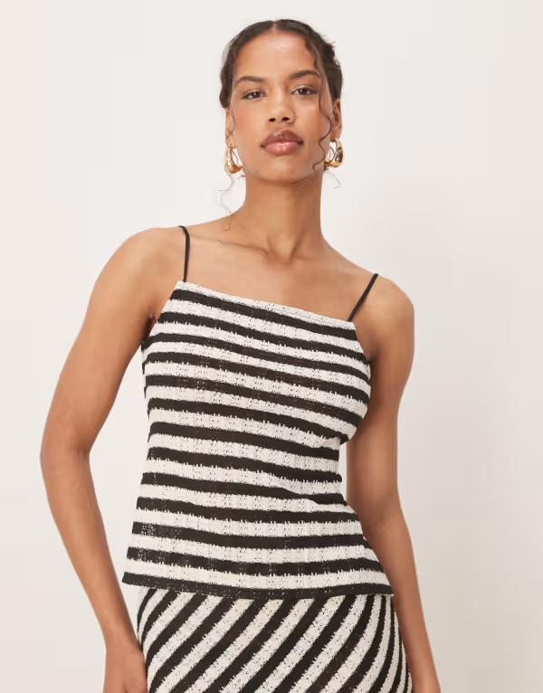 マンゴ レディース トップス シャツ スリムフィット ニット Mango slim fit fine knit tie back striped top - part of a set Black ブラック｜ReVida 店
