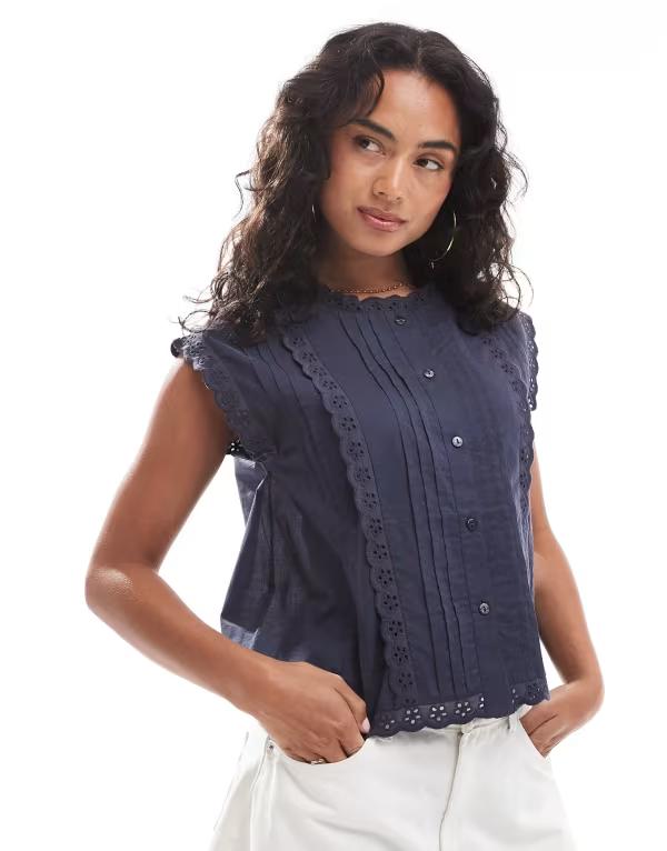エイソス レディース トップス シャツ ノースリーブ ASOS DESIGN sleeveless shirt with broderie trim detail Blue ブルー