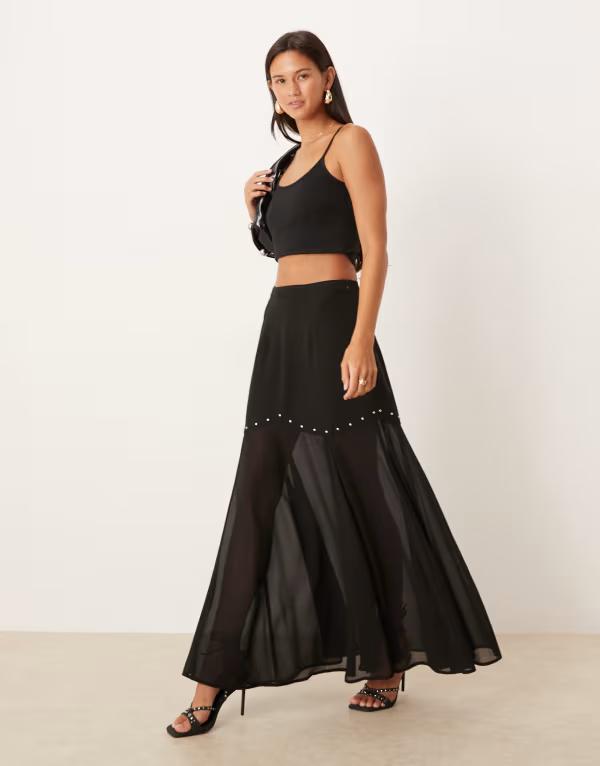 ネバーフリードレスド レディース ボトムス スカート シアー マキシ Never Fully Dressed studded sheer hem maxi skirt Black ブラック