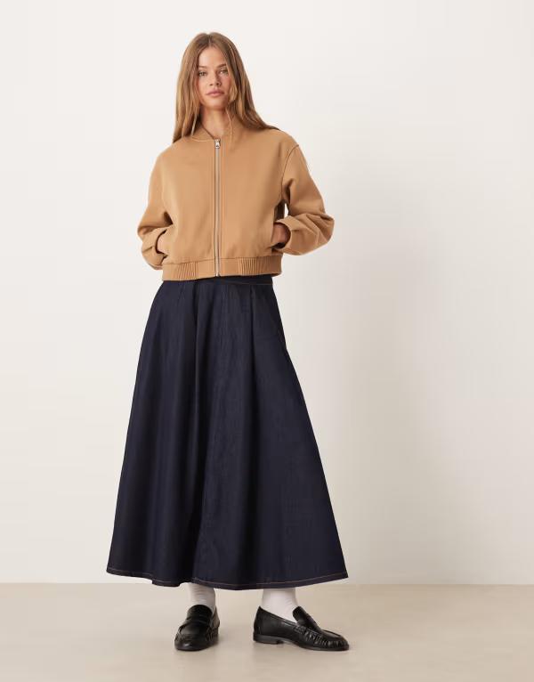 エイソス レディース ボトムス スカート プリーツ デニム  DESIGN denim circle skirt with pleated waist in rinse wash Rinse Wash デニム