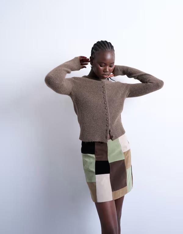 トップショップ レディース アウター カーディガン ニット Topshop knit cardigan with covered buttons Brown ブラウン