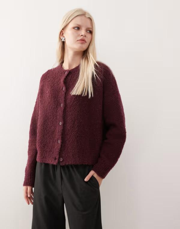 リクレイム ヴィンテージ レディース アウター カーディガン ニット Reclaimed Vintage knit boucle boxy cardigan in deep plum Plum プラム