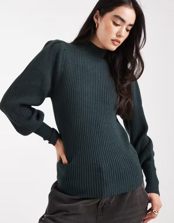 オンリー レディース アウター ニット・セーター ハイネック セーター ONLY high neck puffy sleeves sweater in dark DARK GREEN グリーン