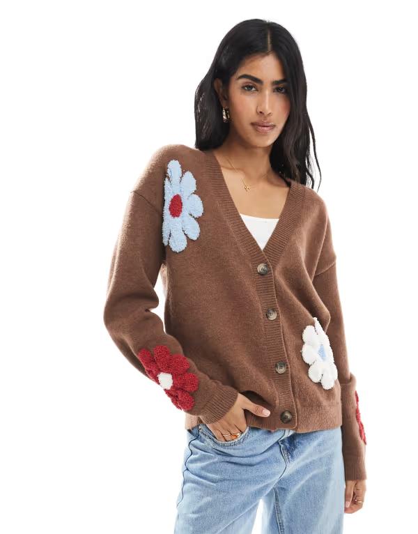 デイジーストリート レディース アウター カーディガン Vネック Daisy Street v neck cardigan with flowers multi Brown Multi ブラウン｜ReVida 店