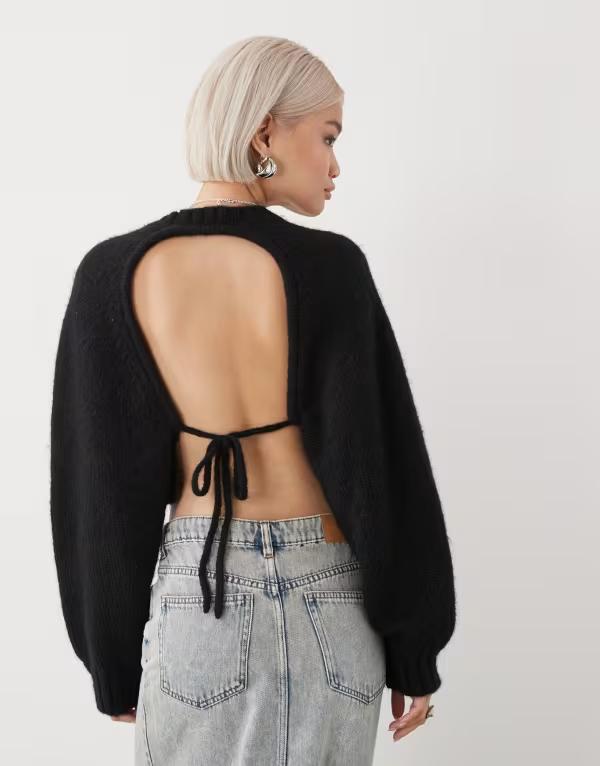 モンキ レディース アウター ニット・セーター ウール セーター ニット Monki open tie back wool blend knit sweater Black ブラック