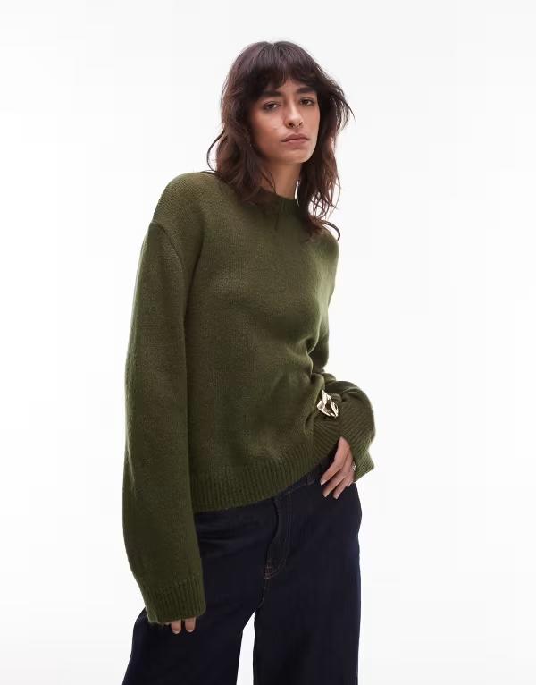 エイソス レディース アウター ニット・セーター クルーネック セーター ニット ASOS DESIGN knitted crew neck sweater with gold metal detail Khaki カーキ