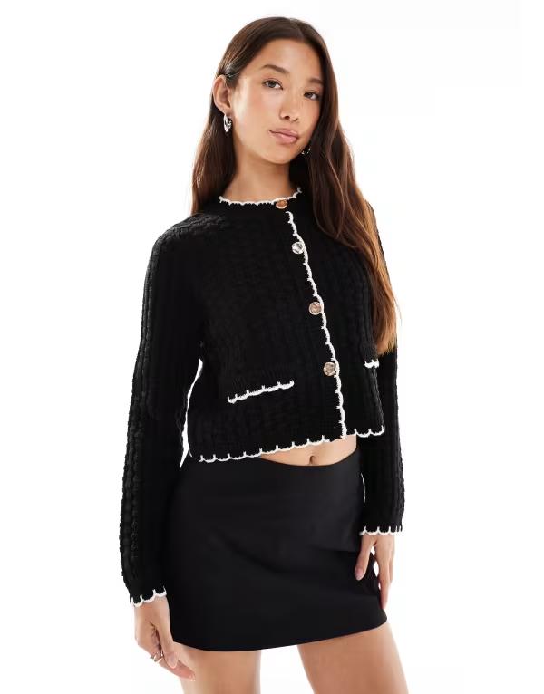 ミスセルフフリッジ レディース アウター カーディガン Miss Selfridge blanket stitch texture cardigan Black/white ホワイト