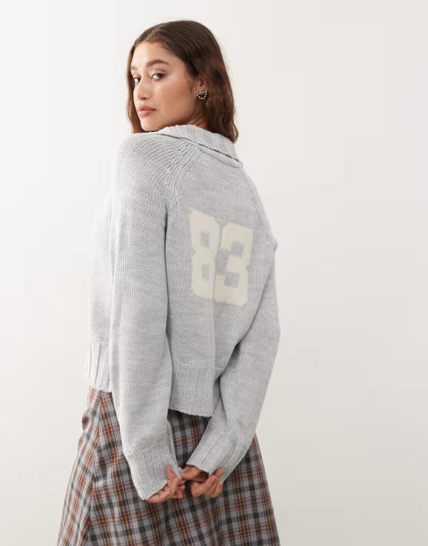 コルージョン レディース アウター ニット・セーター セーター ニット COLLUSION knit raglan zip up sweater with varsity number detail Gray グレー