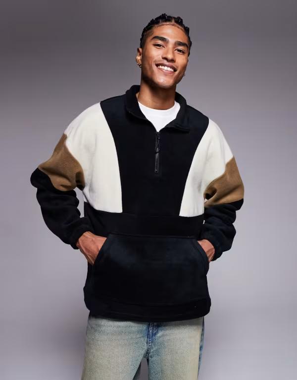 エイソス メンズ アウター パーカー・スウェット ハーフジップ スタンドネック スウェット シャツ フリース ASOS DESIGN oversized quarter zip funnel neck fleece sweatshirt with color block Black ブラック