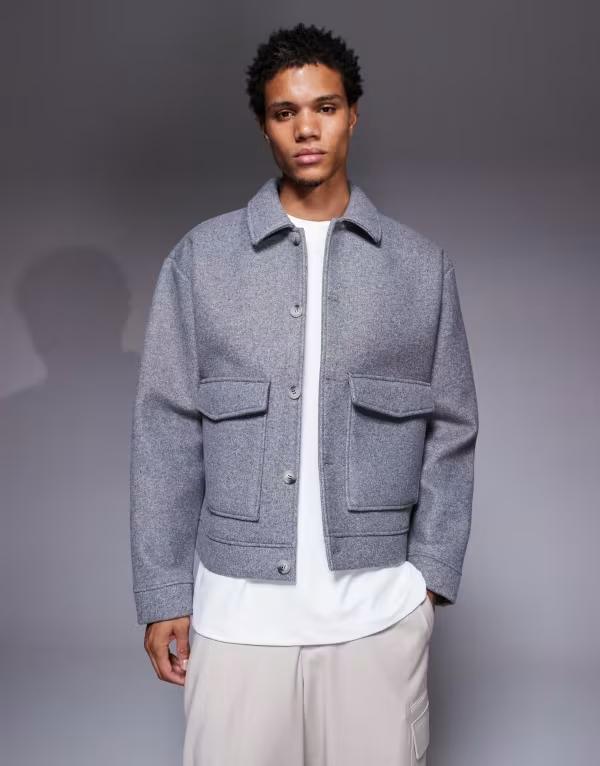 エイソス メンズ アウター パーカー・スウェット ASOS DESIGN oversized boxy premium felt shacket Gray Heather グレー 14,230円