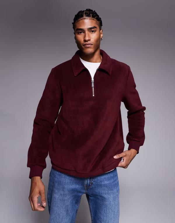 エイソス メンズ アウター パーカー・スウェット ハーフジップ スタンドネック スウェット シャツ フリース ASOS DESIGN quarter zip fleece sweatshirt with funnel neck Port royale バーガンディ