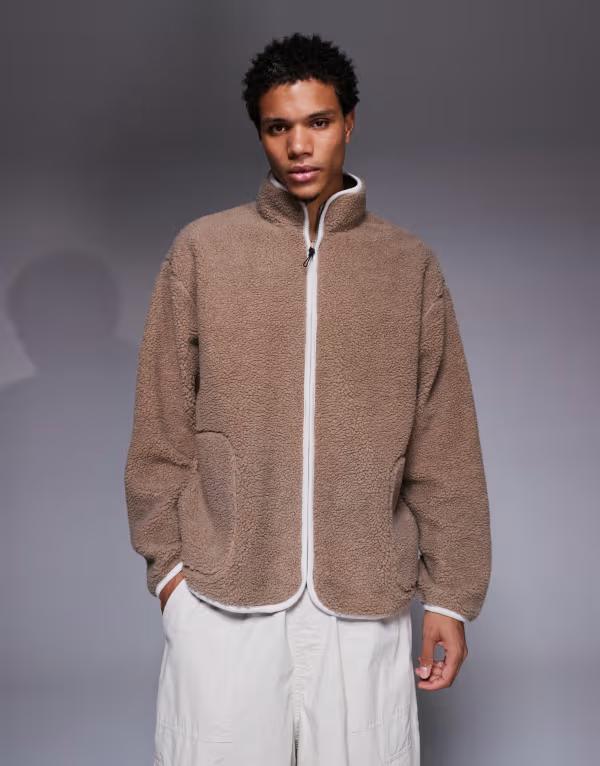 エイソス メンズ アウター パーカー・スウェット スタンドネック スウェット シャツ ASOS DESIGN oversized teddy funnel neck zip up sweatshirt Greige ベージュ