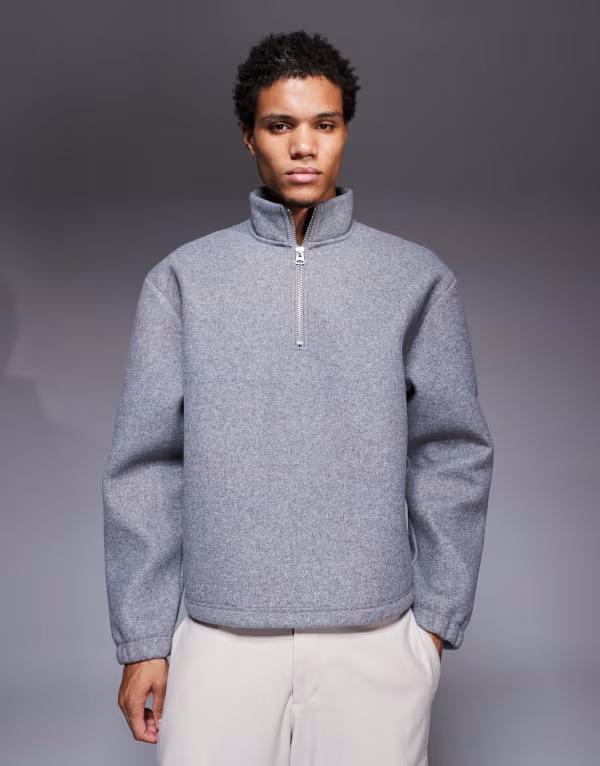 エイソス メンズ アウター パーカー・スウェット ハーフジップ スタンドネック スウェット シャツ ASOS DESIGN oversized boxy funnel neck quarter zip felt sweatshirt Gray グレー