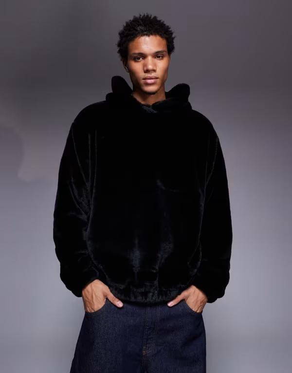 エイソス メンズ アウター パーカー・スウェット パーカー ASOS DESIGN oversized faux fur hoodie with side entry pockets Black 黒いこと パーカー-トップス-メンズファッション