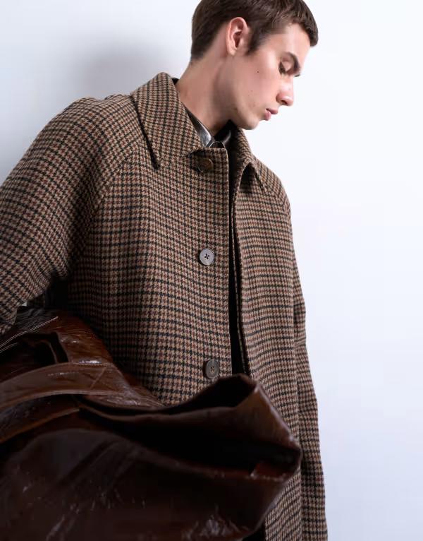 トップマン メンズ アウター コート ウール Topman oversized brushed plaid wool blend overcoat BROWN ブラウン