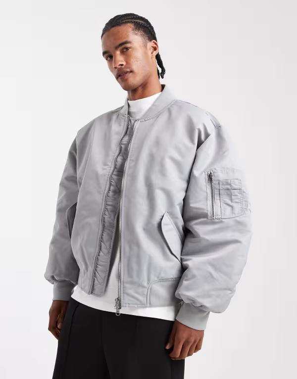 エイソス メンズ アウター 上衣・上衣 上衣 ASOS DESIGN oversized bomber jacket Silver Gray 薄墨色