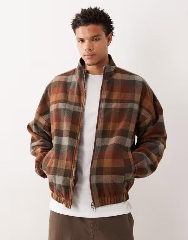 エイソス メンズ アウター ジャケット・ブルゾン ウール ジャケット ASOS DESIGN wool look track jacket check BROWN ブラウン