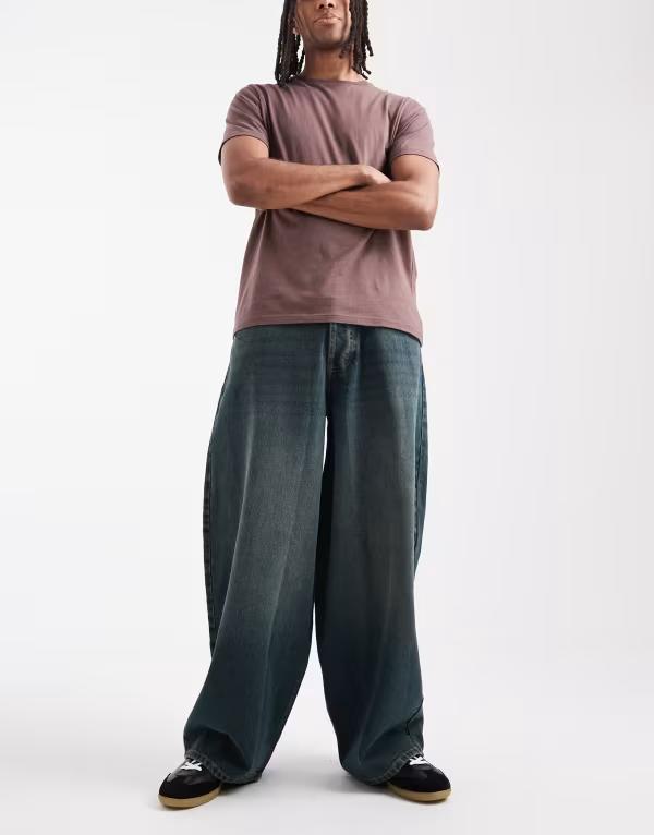 コルージョン メンズ ボトムス ジーンズズボン下 ワイドレッグ デニム COLLUSION wide leg mid rise jeans インチ grunge GRUNGE BLUE 青色