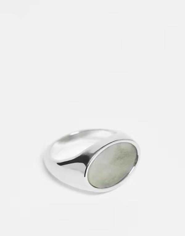 エイソス メンズ 付属品 輪っか ASOS DESIGN faux blue jade semi-precious oval stone signet ring tone SILVER しろがね色 メンズジュエリー・アクセサリー-ジュエリー・アクセサリー