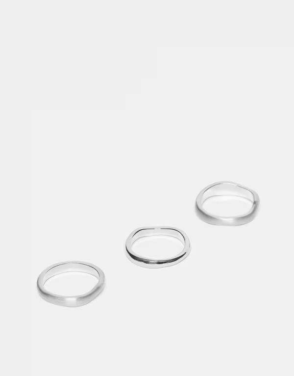 エイソス メンズ アクセサリー リング ASOS DESIGN 3 pack mixed brushed and polished molten rings tone SILVER シルバー