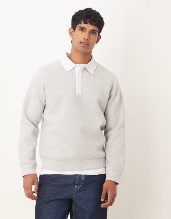 エイソス メンズ アウター パーカー・スウェット ポロシャツ スウェット シャツ スキューバ コントラスト ASOS DESIGN heavyweight polo sweatshirt with contrast collar in scuba-style fabric Gray グレー｜ReVida 店