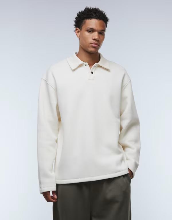 エイソス メンズ アウター パーカー・スウェット ポロシャツ リブ スウェット シャツ ASOS DESIGN oversized polo sweatshirt with ribbed collar in stone Tofu ストーン